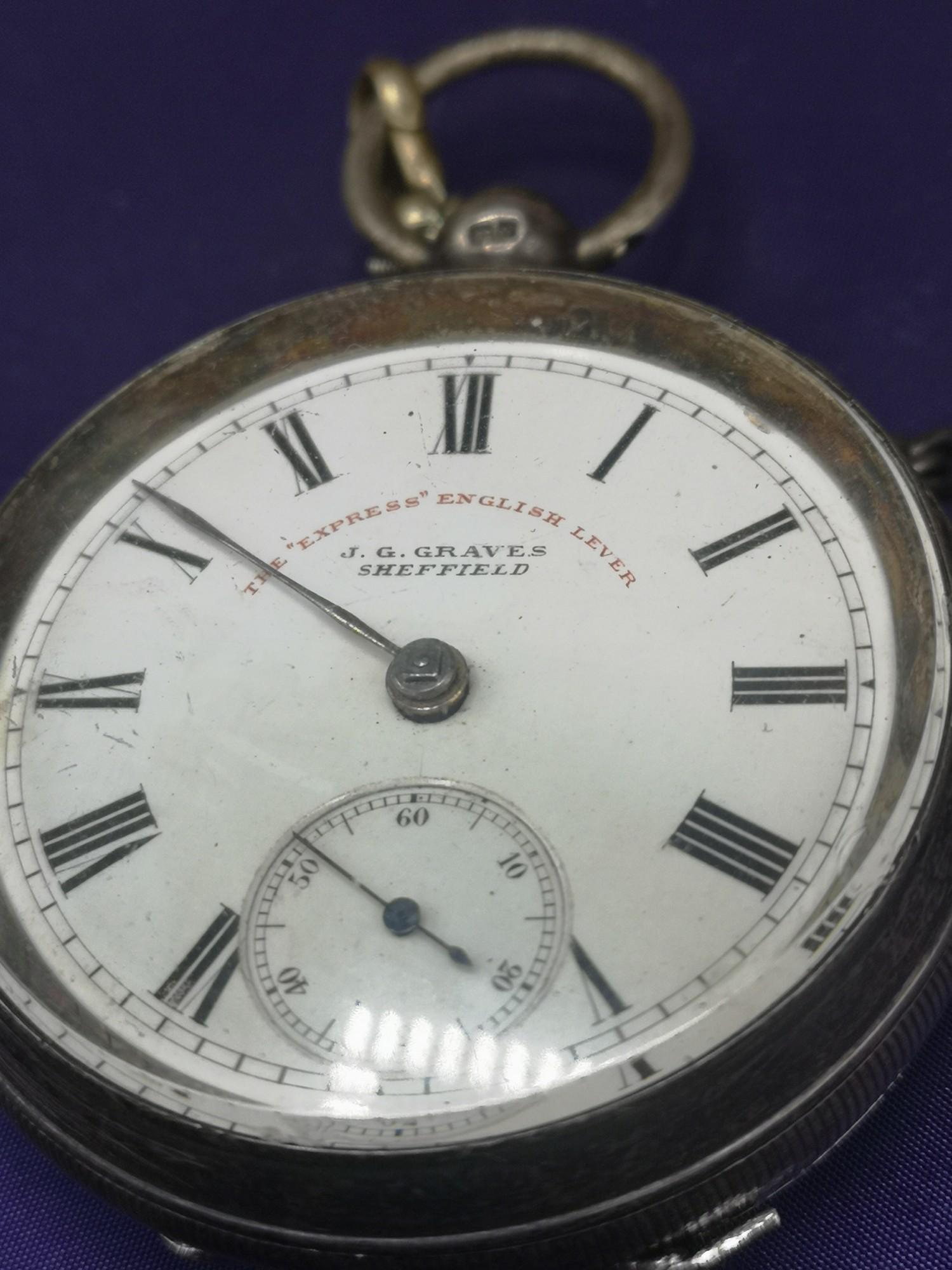Silver Hall marked pocket watch with albert chain. - Image 2 of 2