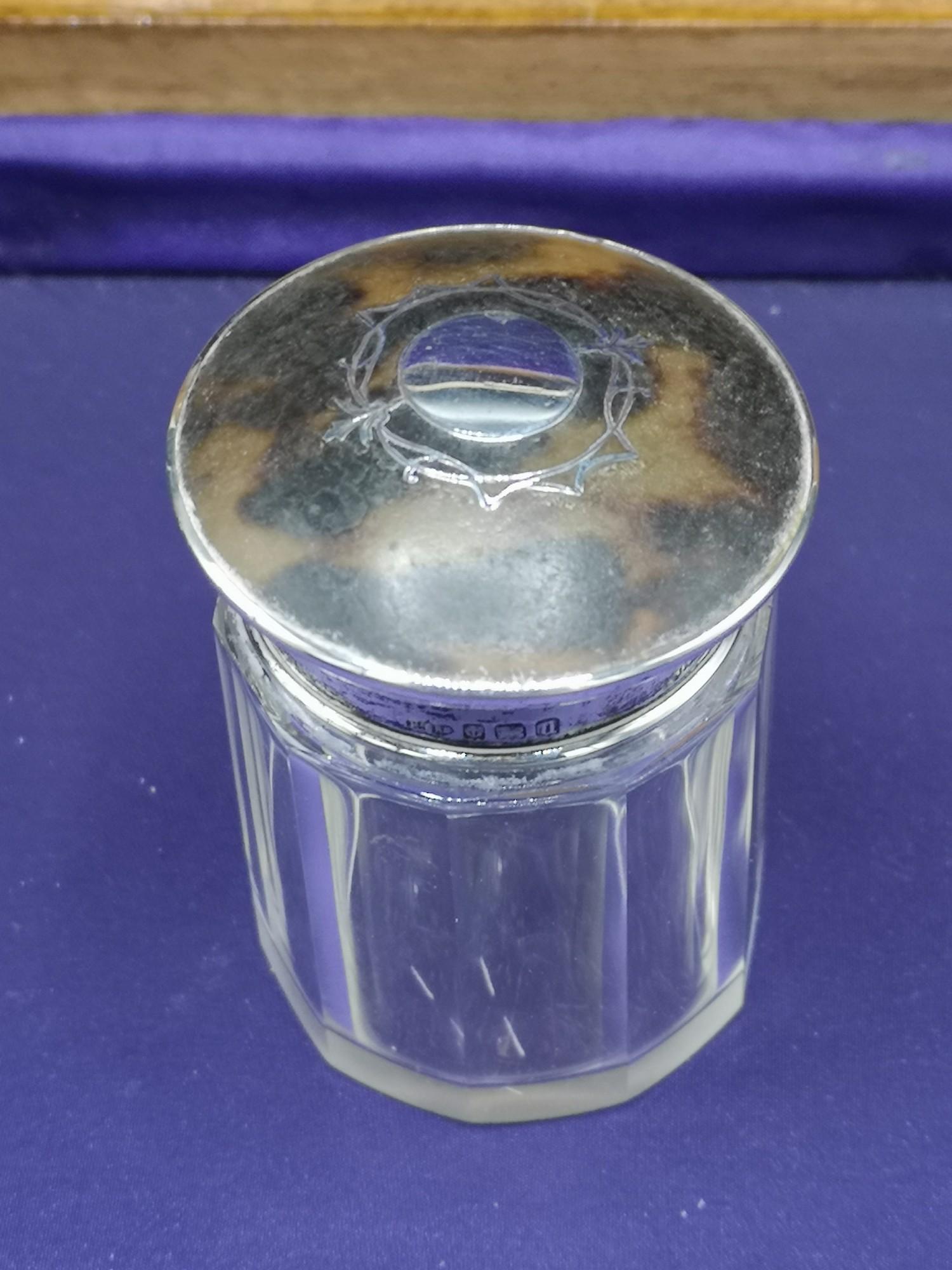 Silver Hall marked birmingham and tortoise shell perfume jar with glass base. - Image 2 of 2