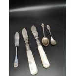 Lot of Silver to include mother of pearl handle silver bladed knifes etc.