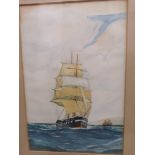 Water colour of nautical ship scene on sea.