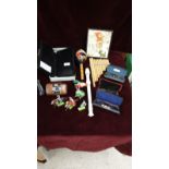 Small Box Of Collectables, Musical Instuments, Clockwork Toy, New Leather Wallet Camera ect
