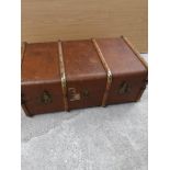Vintage wooden bounded trunk with opening mechanism.