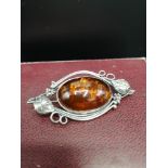 Large Silver amber brooch set wuth baltic amber polish hall marks .