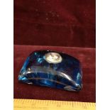 Glass pillow paperweight with white metal cat laying on top signed CB?. Glascorm.