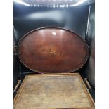 Large Edwardian gallery tray together with oak double handled tray. Af.