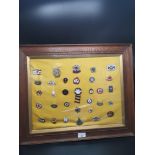 Collection of enamel scottish curling stone medal and badges in fitted framing.