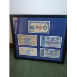 Framed collection of brittish linen, union bank of Scotland and Bank of Scotland one pound notes.