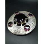 Large Scottish silver plated plaid brooch set with 5 purple stones. UNMARKED