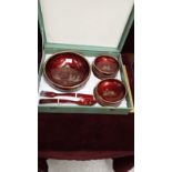 Beautiful Japanese Serving Set In Fitted Case With Fantastic Gilding Work on Burgundy Base.