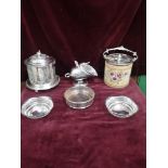 Selection of silver plated wares including ceramic biscuit barrell etc.