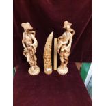 Oriental Alabaster Carved Figures And Horn. 18 Inches High