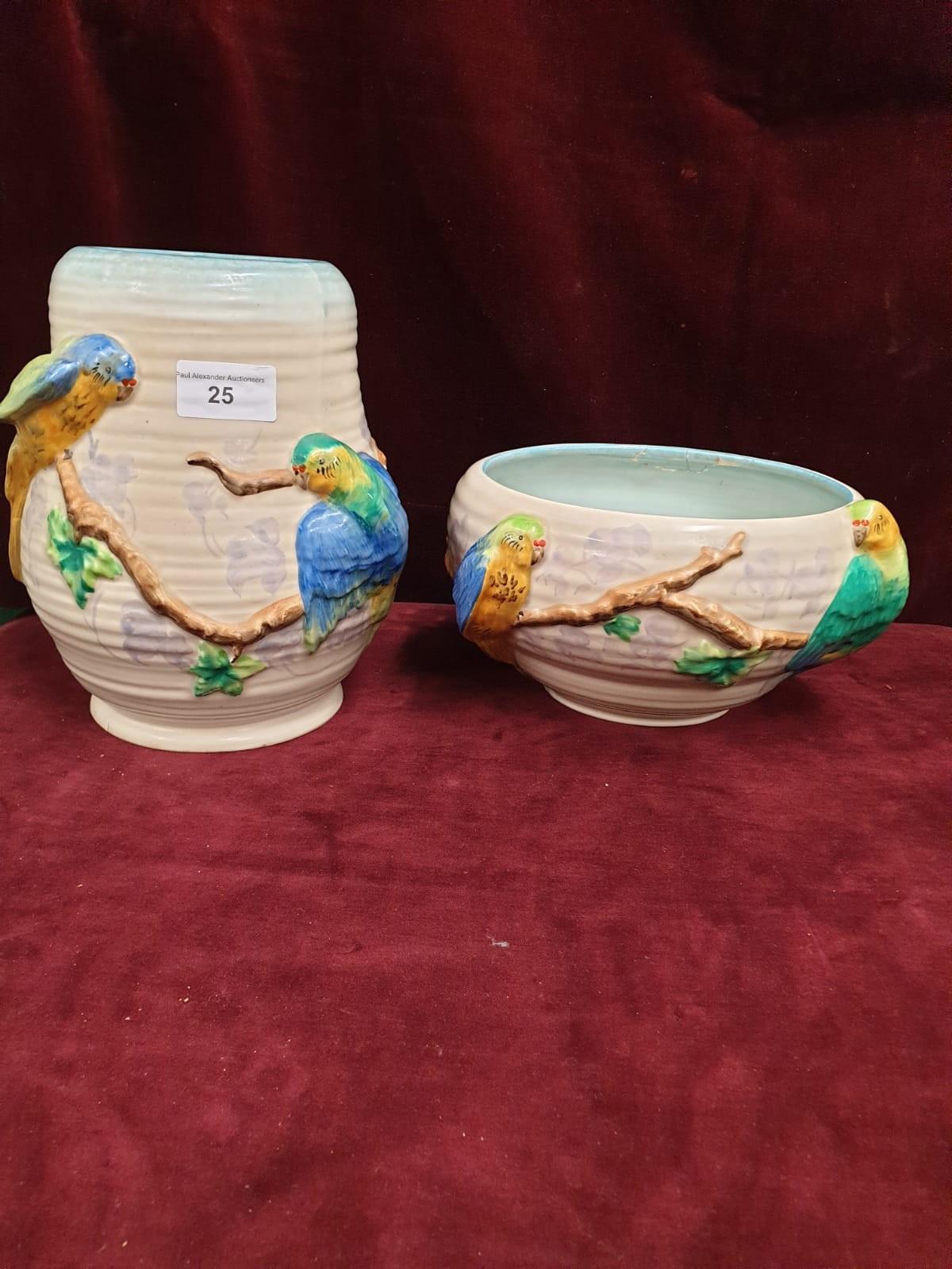 2 Clarice Cliff Bird Vase and Bowl A/F Signed