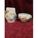 2 Clarice Cliff Bird Vase and Bowl A/F Signed
