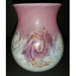 Scottish Monart glass vase in green and pink with swirls colourations 18cm High 16cm Diameter.
