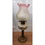 Stunning Victorian glass / brass columned oil lamp with vase line glass shade etc approximately 2 ft