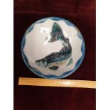 Highland Scottish Hand Painted Pottery Fruit Bowl Salmon Pattern 23cm Diameter