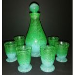Scottish glass Monart decanter with matching set of 6 glasses in green colouration Decanter 25cm