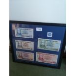 Framed Bank of Scotland note set detailing £100 pound note, £50 pound note, £20 pound note, £10