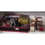 Box of costume Jewellery, together with vintage velvet jewellery box and selection of travel clocks.