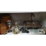 Shelf of collectables includes silver plated swing handle basket.