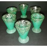 Set of 6 scottish monart glass decanter glasses in green colouration 7cms High 5.5cm Diameter.