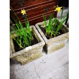 Pair of stone garden planters with flowers.