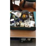 Box Of Collectables To Include Decanter, Crested Candlesticks Trinket Boxes ect