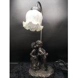 Bronze effect style figural table lamp with white glass shade.