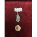 Tear Drop Pendant In Yellow Metal With Diamonds Round Edge and Aqua Stone 5.9g 5.5cm x2cm