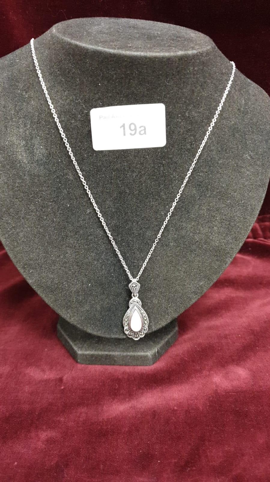 Vintage Silver Mother Of Pearl and Marcasite pendant on 20 inch Chain 6.5g