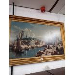 Large French scene harbour print in heavy gilt frame.