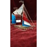 Stunning White Metal And Coloured Glass Sailing Boat.