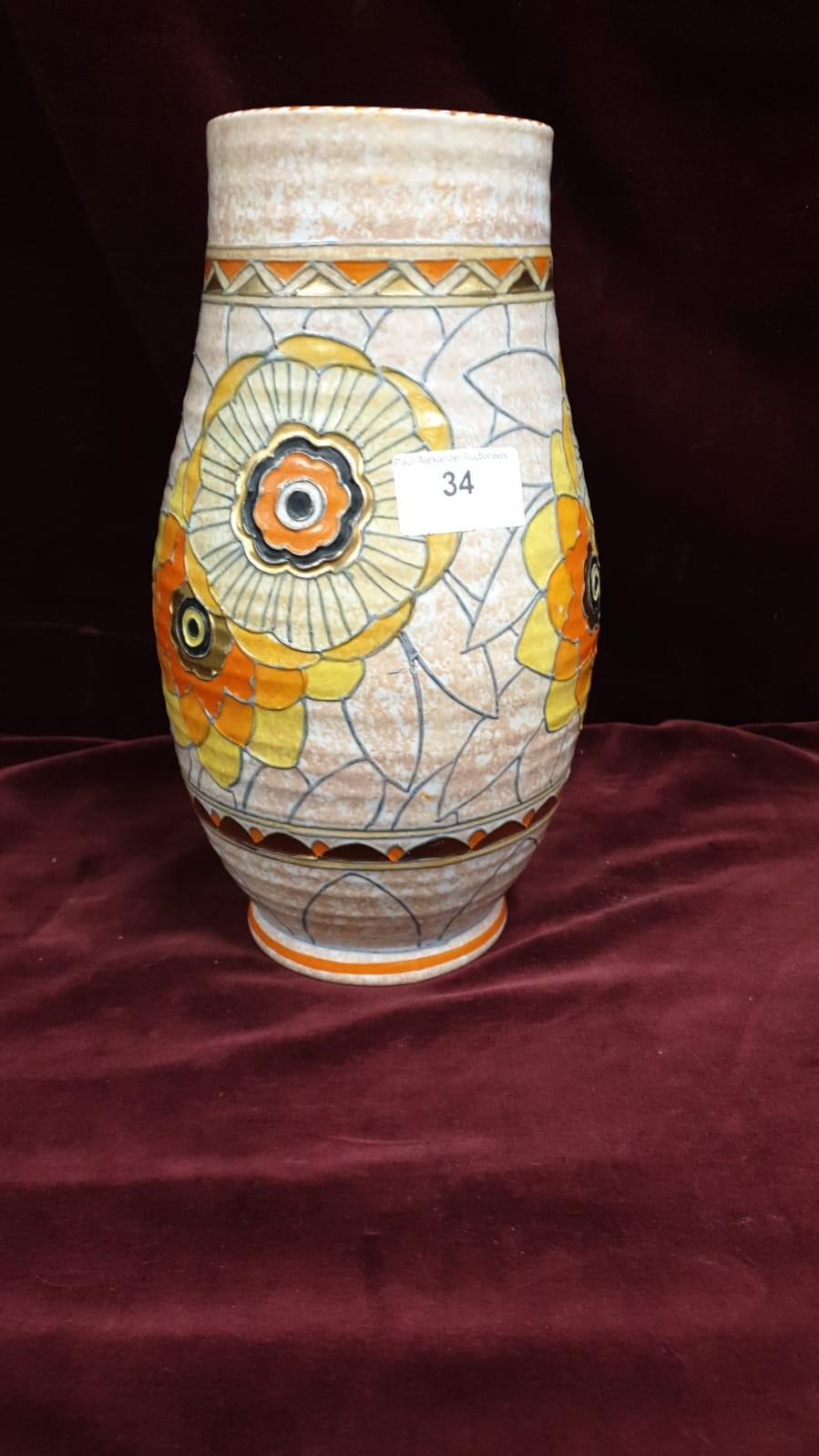 Large Charlotte Rhead Signed Tube Lined Vase 26ch High Very Small Chip To Base. No Cracks