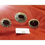 3 Vintage Silver Brooches Set With Black Onyx Birmingham 1988, 1996 and Stamped 925 total Weight
