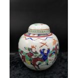 Early 1900s Chinese temple jar depicting warrior scene with 4 character signature to base.
