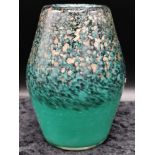 Scottish glass Monart small vase green with gold flakes.
