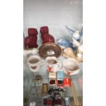 Shelf Of Collectables Szeiller Donkeys, Wade Dish Crested Ware, Pair Wally Dugs.
