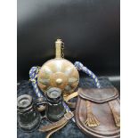 Brass vintage flask, set of French viewers and leather small sporran.
