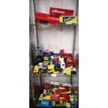 3 Shelfs of playworn truck models. Etc.