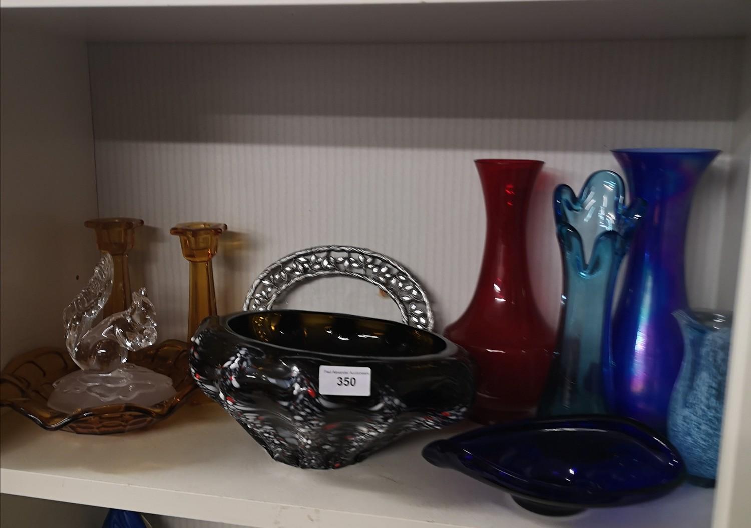 Shelf of art glass includes large murano style bowl.