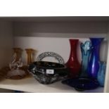 Shelf of art glass includes large murano style bowl.