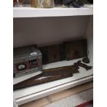 Shelf of interesting items to include Robert sorby vintage saw etc.