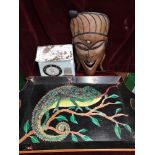 Large carved tray, vintage scales together with African wooden wall mask.