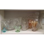 Shelf of Crystal wares and glass includes auld lang syme glass plates etc .