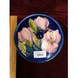 Early Rare Moorcroft Blue Ground Pink Magnolia Powder Bowl With Cover Queen Mary Sticker.17cm