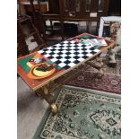 Retro style chess table with cast iron base.