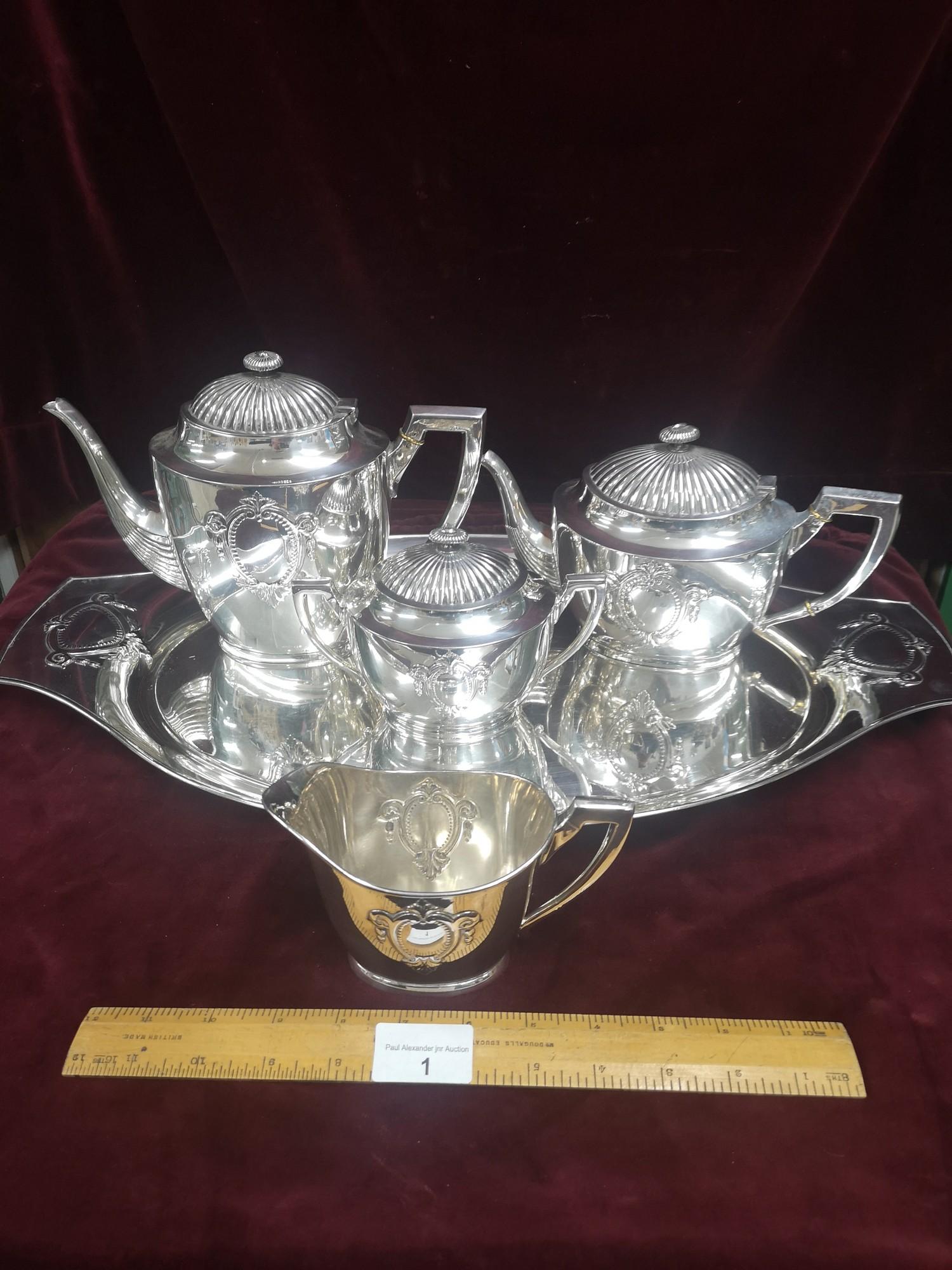 Contential White Metal 4 piece art nouveau tea set includes tray. 2930g