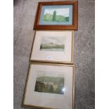 3 old prints depicting old buildings.