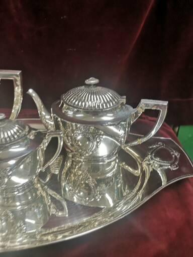 Contential White Metal 4 piece art nouveau tea set includes tray. 2930g - Image 3 of 6