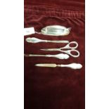 Silver Hall marked manicure set with rare silver handled scissors.